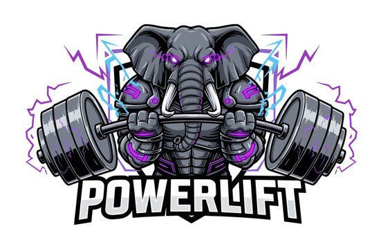 Powerlifting Elephant Mascot with Glowing Eyes, Barbell, and Electric Effects