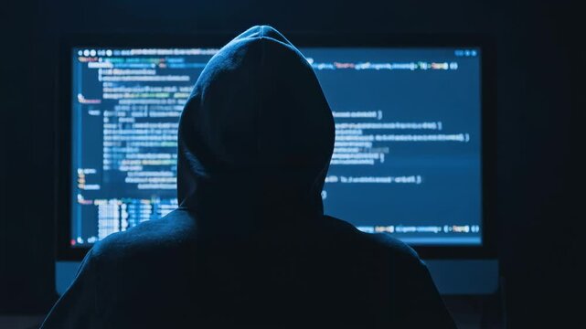 Mysterious hacker working on computer code in a dark environment, perfect for tech and cybersecurity themes