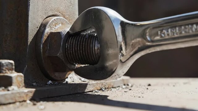 Close-up of Wrench Tightening Bolt on Metal Structure