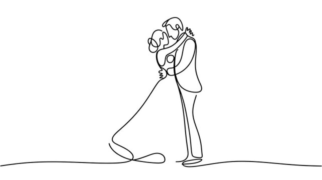 Silhouette of dansing  bride and groom  one line drawing illustration . transparent background PNG image