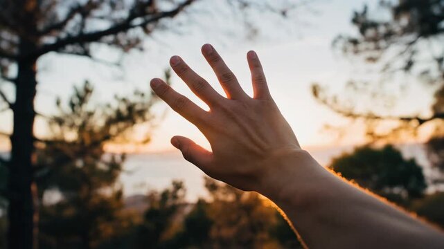 Captivating sunset view with hand silhouette blocking sun rays in serene nature setting