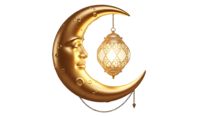 Vintage golden crescent moon with face and ornate lantern isolated on transparent background