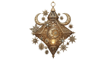 Ornate gold lantern with crescent moons and stars isolated on transparent background