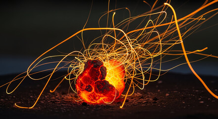Fire Orb Sparks on Dark Ground with Orange Trails