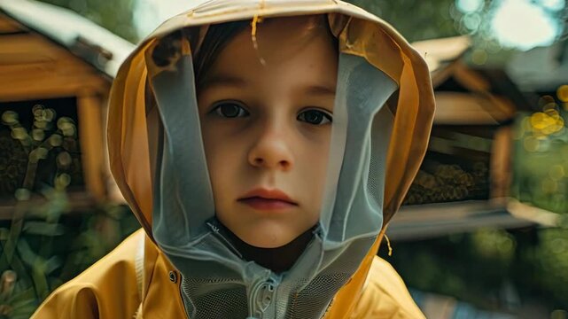 a child in protective clothing near a beehive with bees. Selective focus