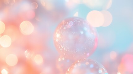 Bubbles float in a soft light with blurred colorful background and bright reflections