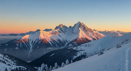 A snow-covered mountain range glows with sunset hues under a clear sky. A trail leads to the peaks, snow blankets the landscape
