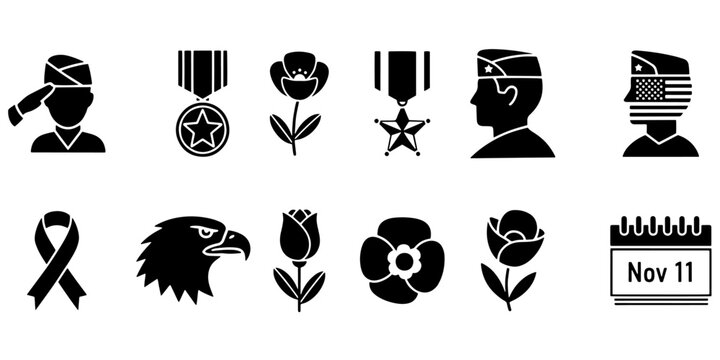 Veterans Day and Memorial Day Commemorative Icon Set Silhouette - Powered by Adobe
