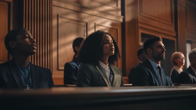 Diverse jury members attentively listening in a courtroom setting, showcasing legal proceedings and justice