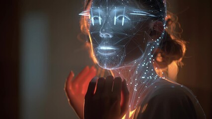 Portrait of a person interacting with an empathetic AI hologram, warm ambient tones, balance of technology and mindfulness, ai driven mental health tools