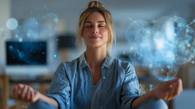 A woman is sitting in a room with a computer monitor and a keyboard.Portrait of calm worker with soft digital overlays symbolizing mindfulness, balance between home and office, hybrid work mental heal