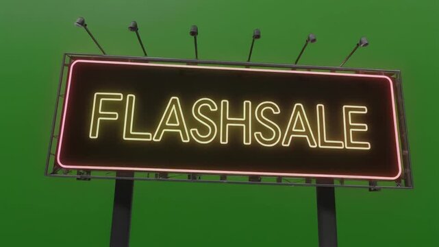 A neon "FLASH SALE" sign on a billboard against a green background, indicating a limited-time promotional offer.