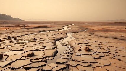 A dried Martian riverbed crafted from shattered mirrors reflecting the absence of water.