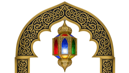 Intricate moorish archway with stained glass lantern isolated on transparent background