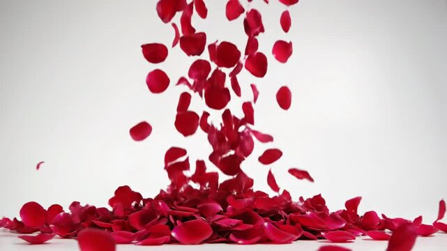 A cascade of vibrant red rose petals tumbles downwards accumulating in a pile on a white surface against a plain light gray background