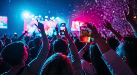 Celebration Under the Stage: Capturing the energy of a live concert, a sea of hands reaching towards the stage and a vibrant atmosphere with confetti