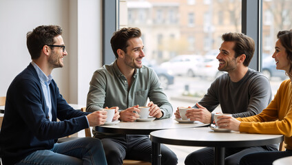 A group of happy young friends talking and smiling in a cafe. Four people enjoying a conversation while drinking coffee together at a table