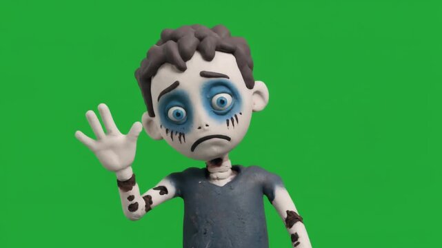 Stop motion animated zombie boy character with sad expression waving on green screen.
