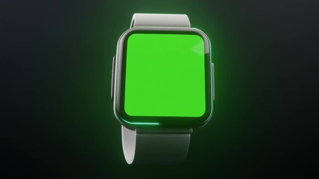 A modern smartwatch with a vibrant green screen for chroma key compositing, set against a dark background with a subtle green glow.
