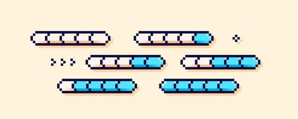 Pixel art percentage scale. Six blue loading process bars.