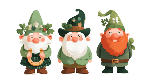 vector flat design, three cute gnomes with green hats and shamrock leaves on a transparent background. large lucky horseshoe in hand, is wearing clover leaf hat, dwarf is dressed as an irish leprechau