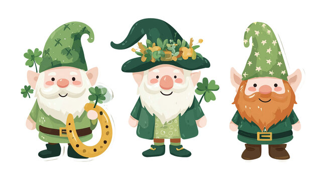 vector flat design, three cute gnomes with green hats and shamrock leaves on a transparent background. large lucky horseshoe in hand, is wearing clover leaf hat, dwarf is dressed as an irish leprechau