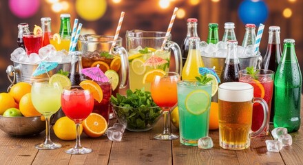 A Symphony of Refreshments: A vibrant display of cocktails and beverages, featuring a spectrum of colors and flavors, perfect for a celebration or gathering.