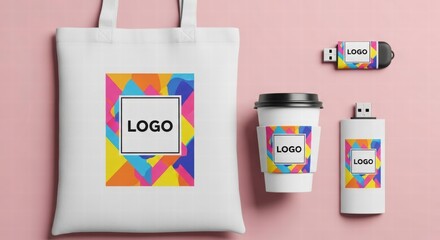 Corporate Branding Essentials: An assortment of branded merchandise displays a vibrant logo, ideal for business identity and marketing