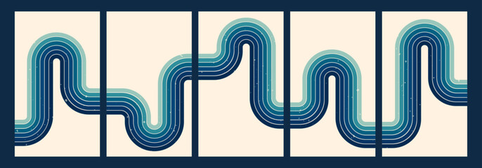 Groovy posters with a stripe blue tone rainbow.