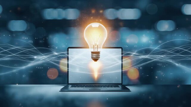 Creative laptop with glowing light bulb symbolizing innovation and ideas in digital technology