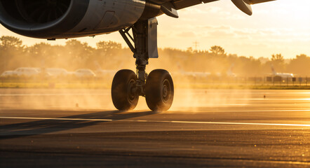 Airplane landing on a wet runway at sunset. Close-up of aircraft wheels and landing gear during golden hour at the airport