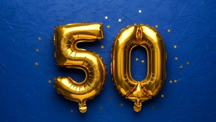 Shiny golden number fifty foil balloons with scattered star confetti on blue image