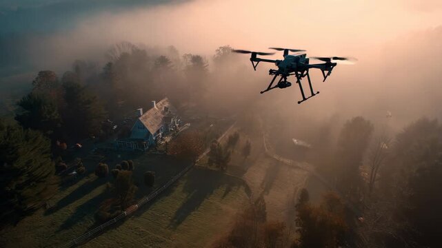 Professional hexacopter with a gimbal camera flying over a misty rural landscape. The drone surveys a farmhouse and fields during a foggy sunrise