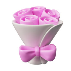 Rose flowers wrapped bouquet decorated bow vector 3D cartoon plastic style, pink blossom present Valentine's Day gift