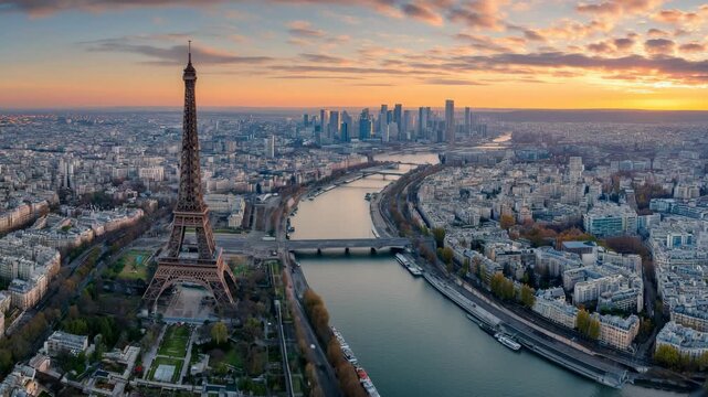 Breathtaking aerial footage of paris at sunrise, featuring the iconic eiffel tower, the winding seine river with boats, and the distant la d&eacute;fense business district