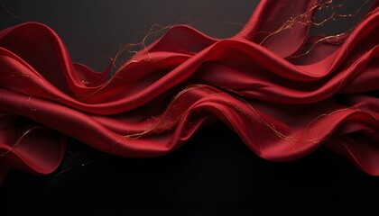Flowing Red Silk Waves with Metallic Gold Veins on Black Shadows, Luxurious Abstract Texture