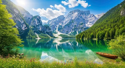 Obraz premium Emerald Waters of Paradise: A pristine lake mirrors the majestic, snow-kissed peaks and verdant forests that surround it. The scene emanates tranquility and the splendor of untouched wilderness.