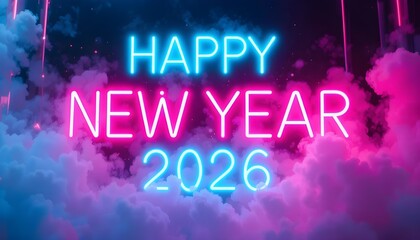 Glowing Neon Cyan and Magenta HAPPY NEW YEAR 2026 with Soft Neon Fog and Light Streaks
