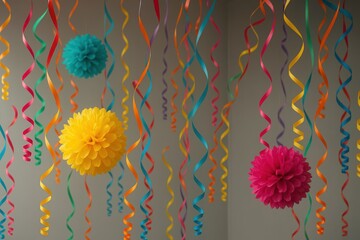 Colorful hanging party decorations with vibrant pom-poms and curly ribbons. Festive background for a birthday or celebration event