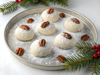 Pecan Snowball Cookies Lightly Glazed and Sugar-Dusted on a Frosty Silver Plate