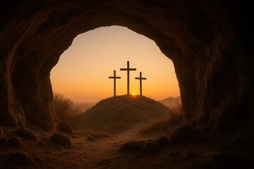 Three crosses on a hill at sunrise viewed from an empty tomb. Christian symbol of the crucifixion and resurrection. Easter and Good Friday religious background