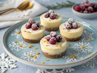Mini Cheesecakes with Sugared Cranberries and Gold Flakes on a Winter-Themed Ceramic Background