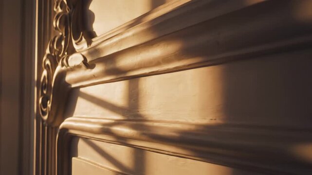 Elegant Ornate Panel with Golden Baroque Details and Sunlight Shadows, Close-up of Luxurious Interior Design Element