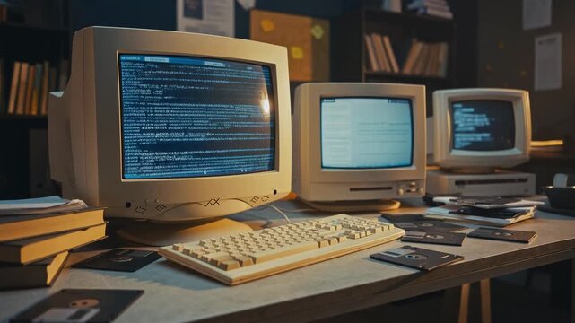 Vintage computer setup with retro monitors and floppy disks showcasing old technology and coding environment