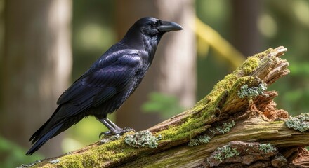 Obraz premium Raven on a Mossy Branch: A majestic raven perches gracefully on a moss-covered branch, its ebony plumage gleaming in the filtered sunlight of the forest.
