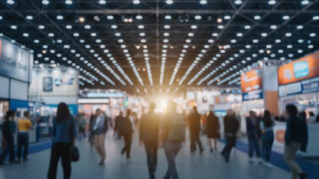 Busy exhibition hall filled with people exploring booths and displays under bright lights