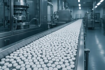 Mass production of white pills on a conveyor belt in a pharmaceutical factory. Automated manufacturing of medical tablets on an industrial production line