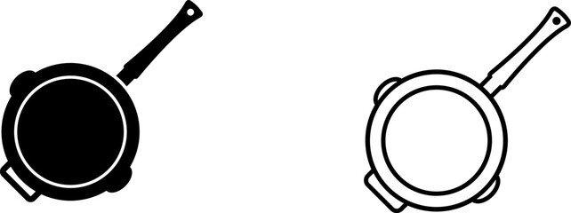 Simple logo of a frying pan with a handle in two color styles, black and white, showing a common kitchen tool used for cooking