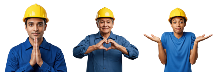 Diverse group of three male construction workers, young and senior, wearing yellow hard hats and blue uniforms, expressing various emotions and gestures against a transparent background.