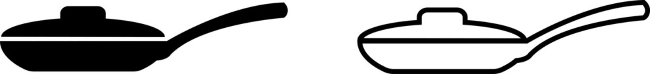 Simple black and white icons of a frying pan with a lid showing two styles on a plain background